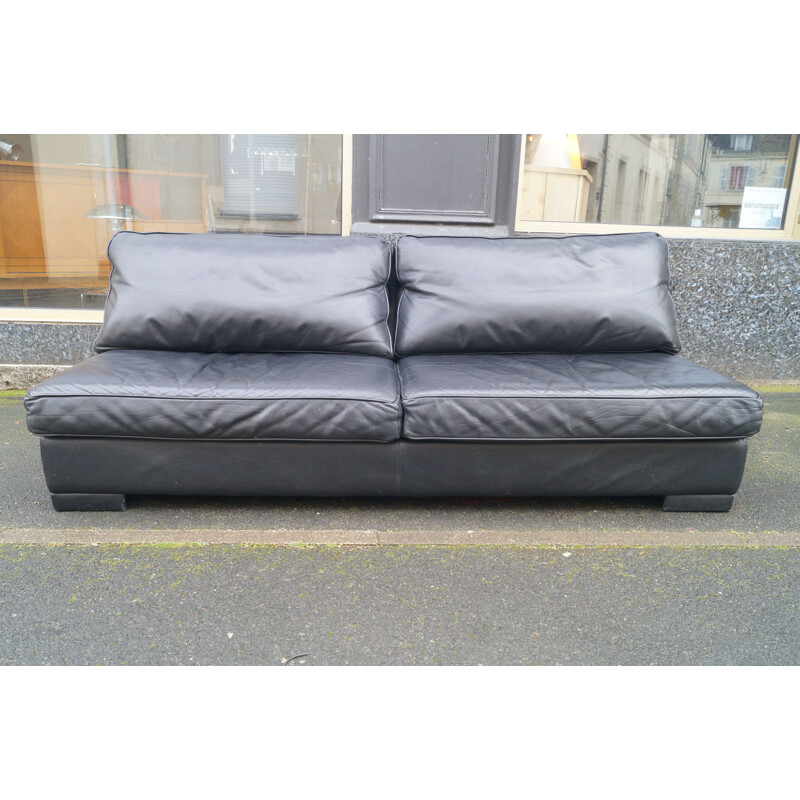 Vintage black leather sofa Steiner 1970s