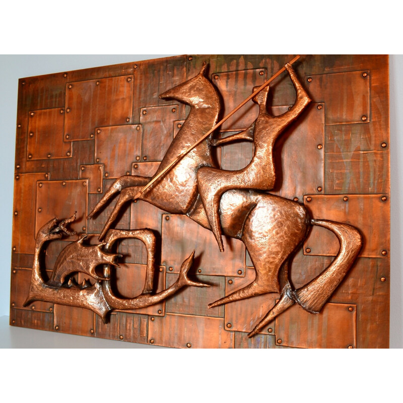 Relief wall decoration of "Saint George and the Dragon" in copper - 1960s