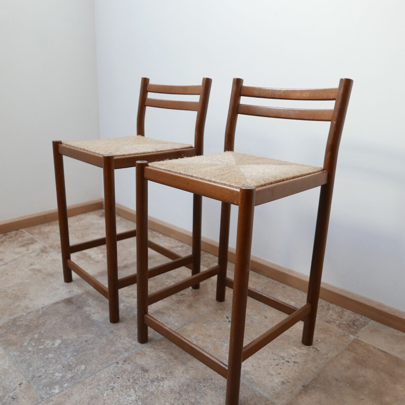 Pair of Mid-Century Low Rush Bar Stools England 1970s