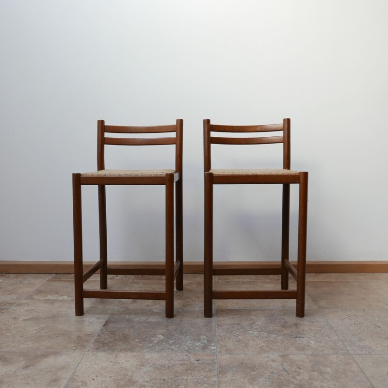 Pair of Mid-Century Low Rush Bar Stools England 1970s