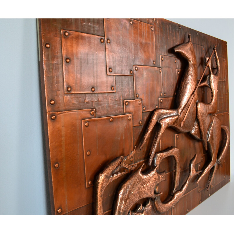 Relief wall decoration of "Saint George and the Dragon" in copper - 1960s