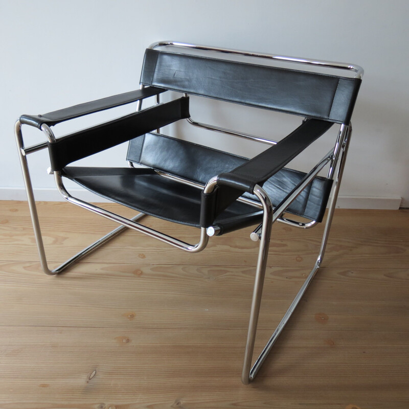 Vintage Wassily Chair Black Leather Marcel Breuer For Fasem Italy 1983s