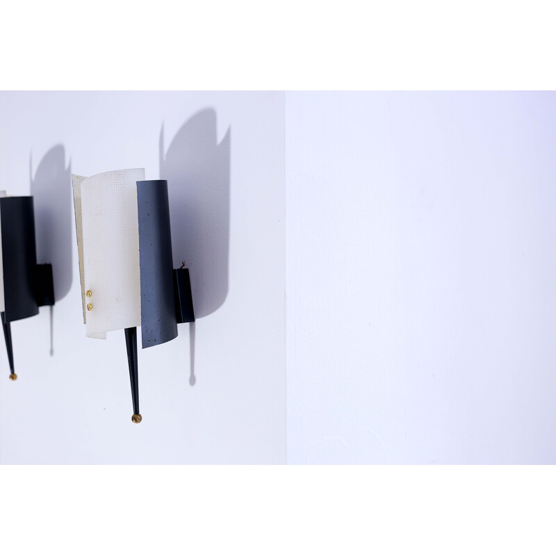 Pair of vintage wall lamp in black lacquered metal by Jacques Biny, 1950