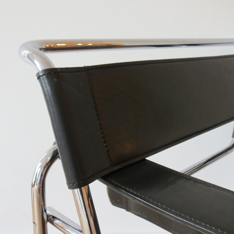 Vintage Wassily Chair Black Leather by Marcel Breuer For Fasem Italy 1980s