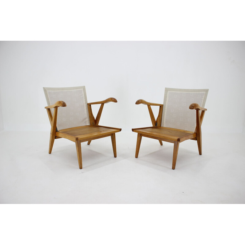 Pair of vintage Oak Armchairs Czechoslovakia 1960s