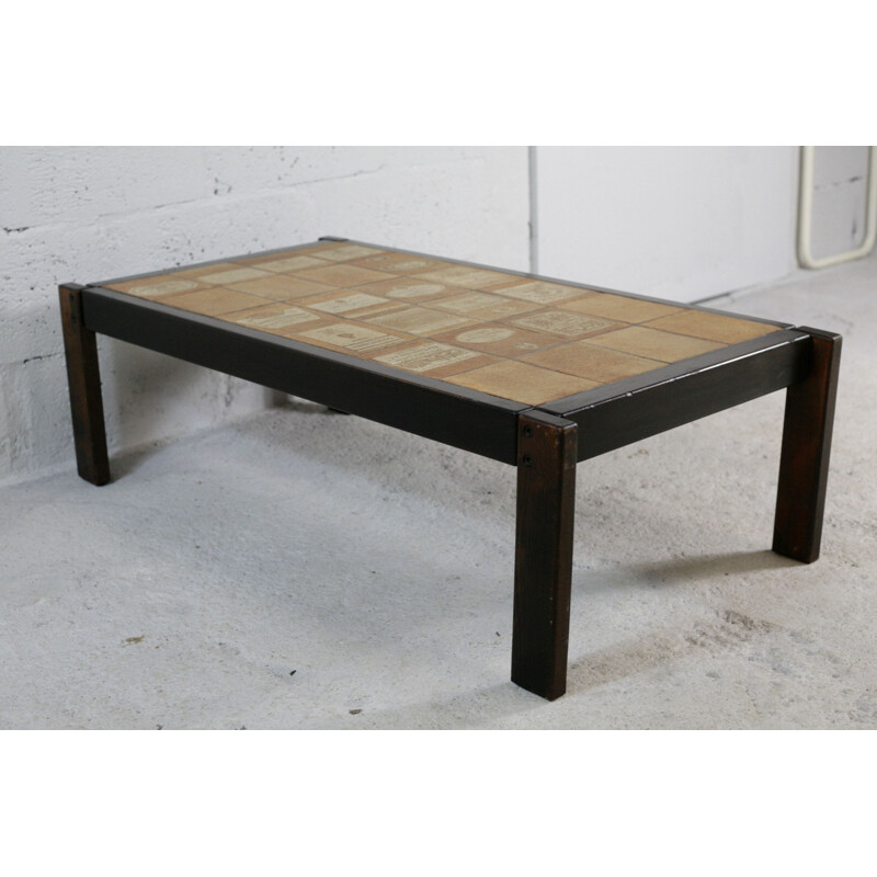 Vintage ceramic and wood coffee table by Roger Capron, France 1960