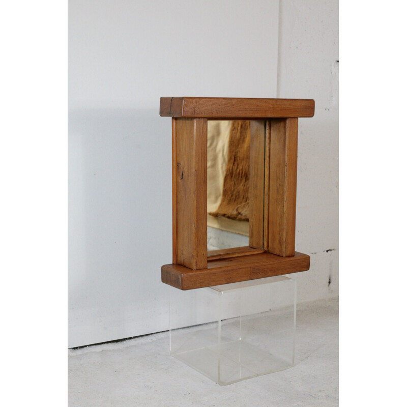 Vintage brutalist oak mirror France 1960s