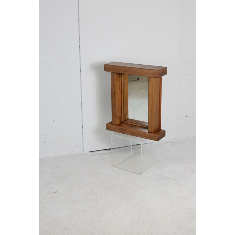 Vintage brutalist oak mirror France 1960s