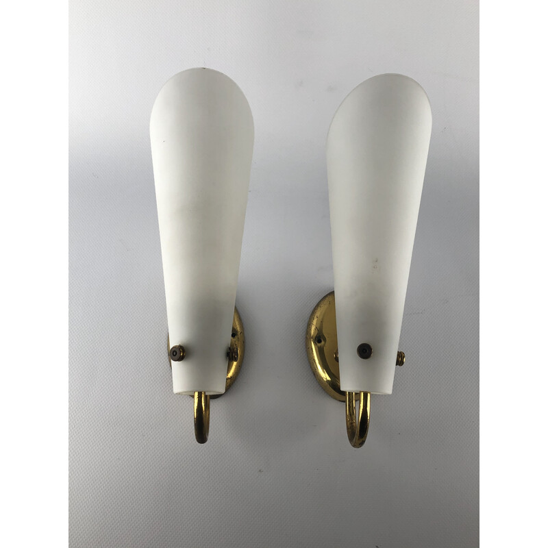 Pair of vintage brass and opaline sconces 1950s