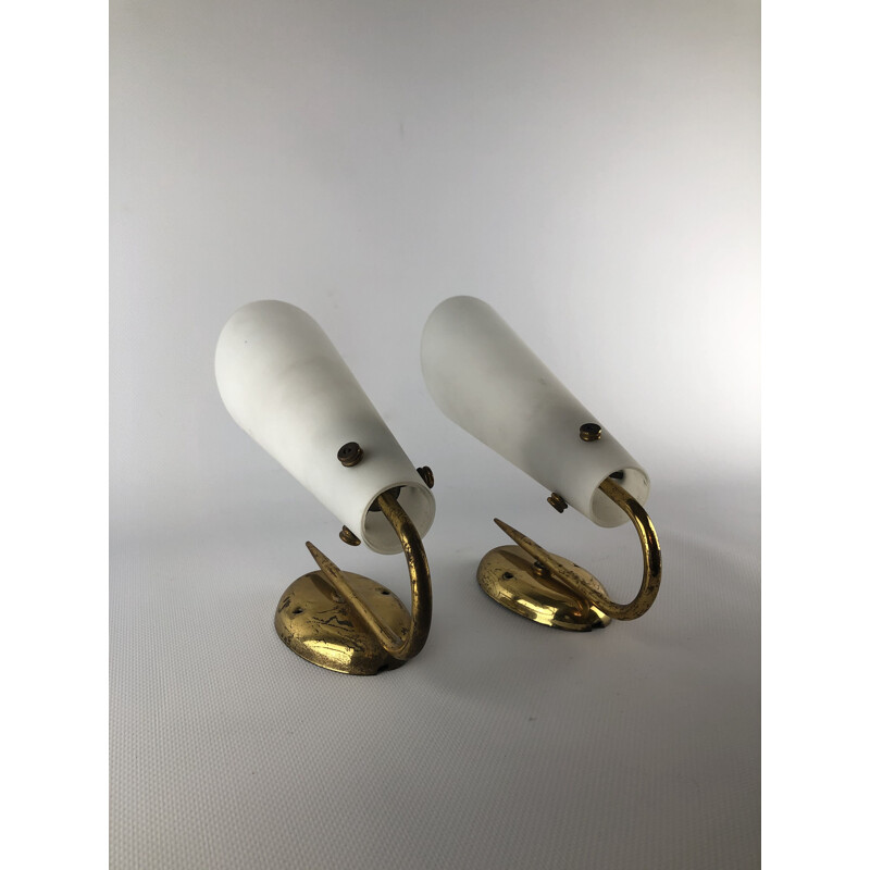 Pair of vintage brass and opaline sconces 1950s