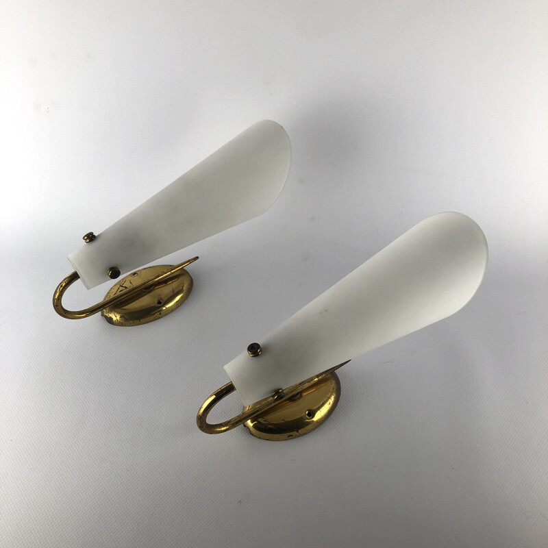 Pair of vintage brass and opaline sconces 1950s