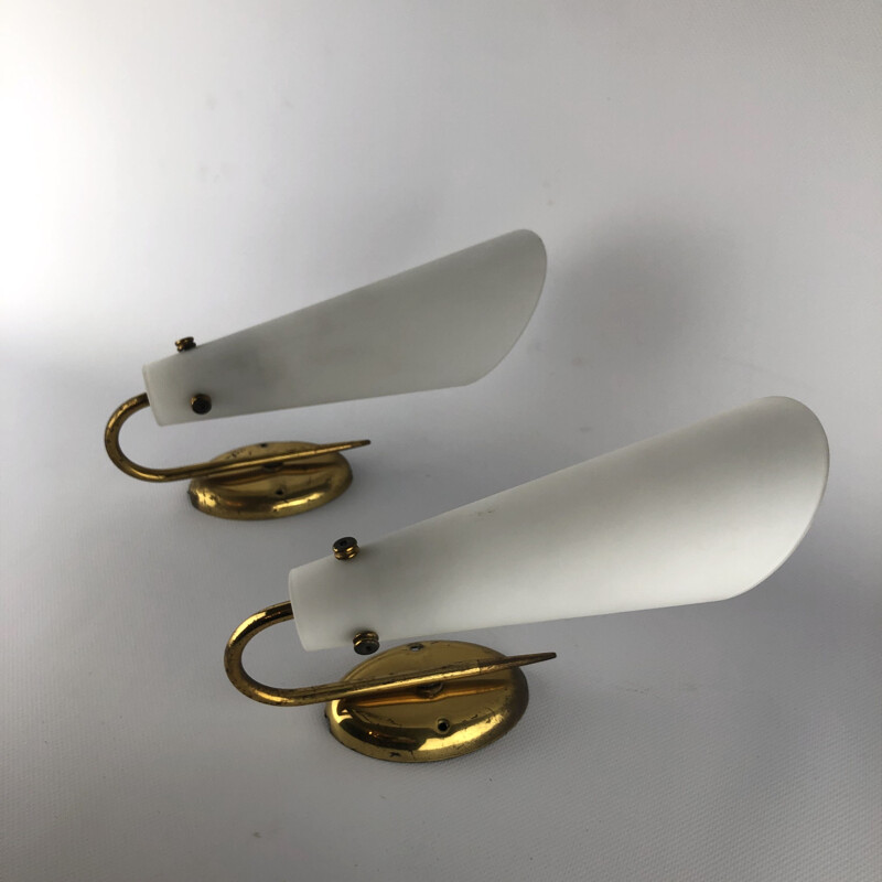 Pair of vintage brass and opaline sconces 1950s