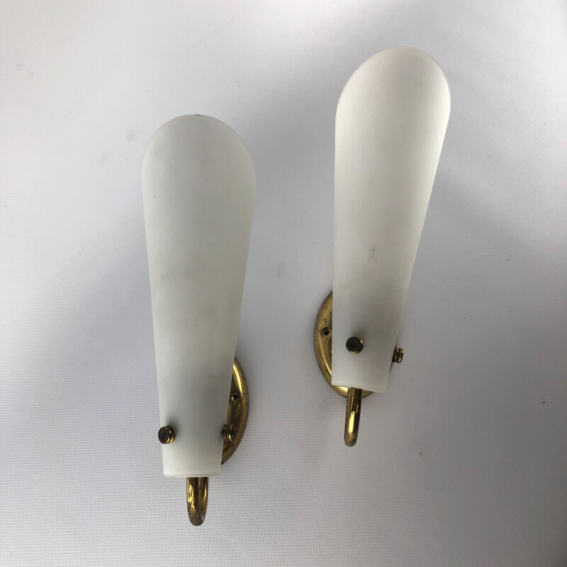 Pair of vintage brass and opaline sconces 1950s