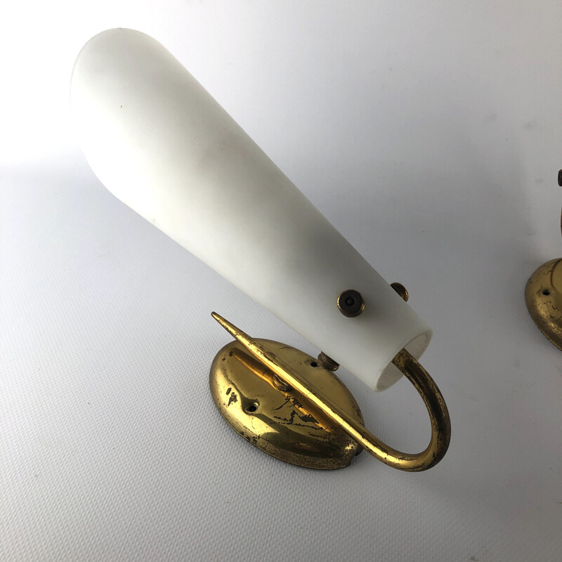 Pair of vintage brass and opaline sconces 1950s