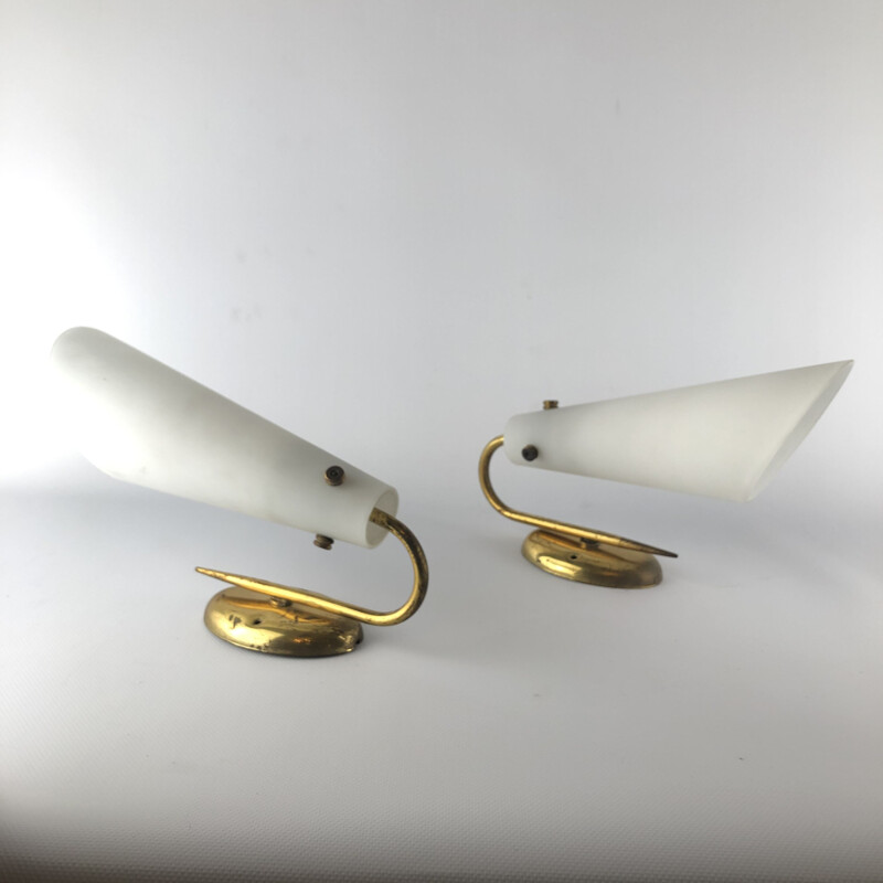 Pair of vintage brass and opaline sconces 1950s