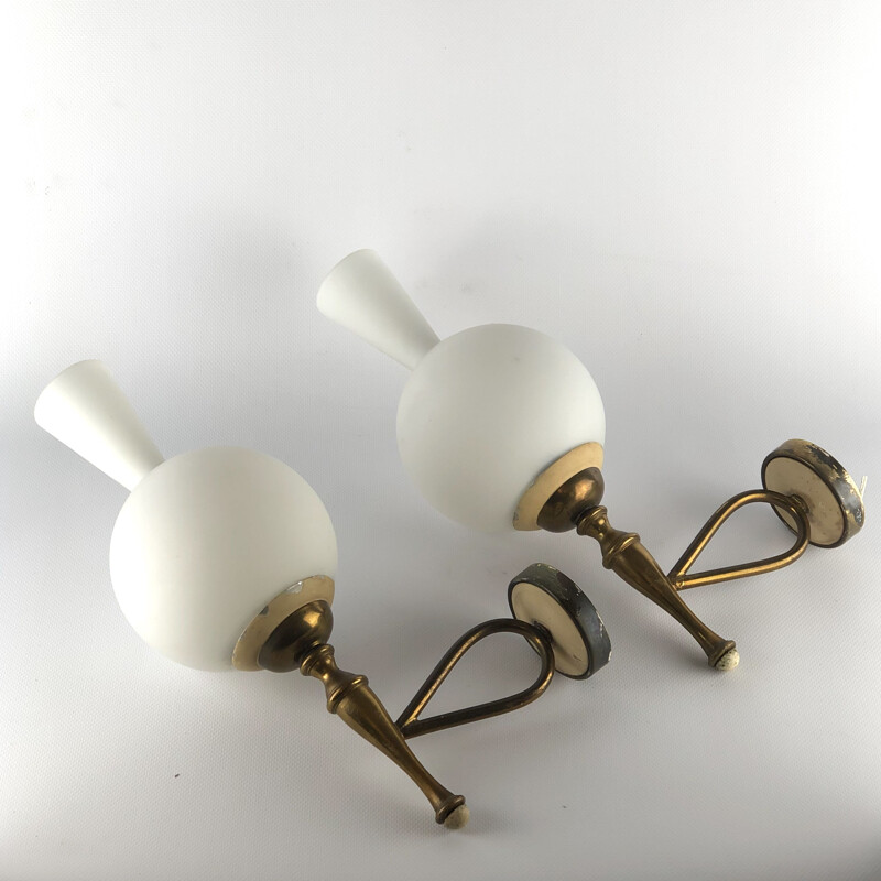 Pair of vintage brass and opaline sconces by Stilnovo Italy 1950s