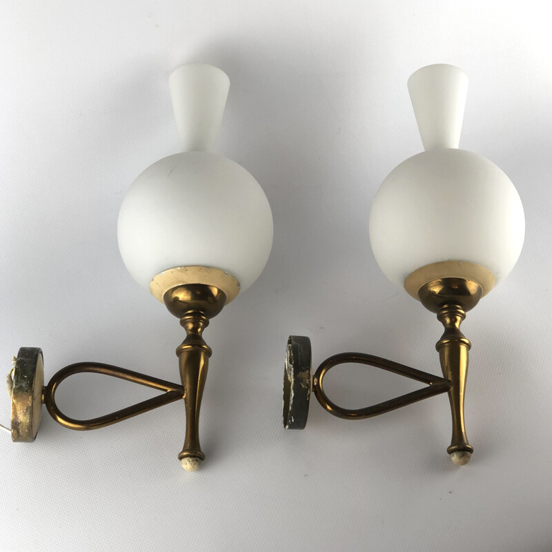 Pair of vintage brass and opaline sconces by Stilnovo Italy 1950s