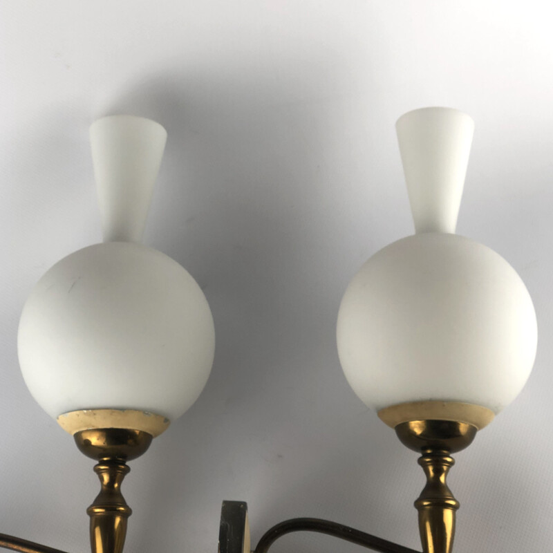 Pair of vintage brass and opaline sconces by Stilnovo Italy 1950s