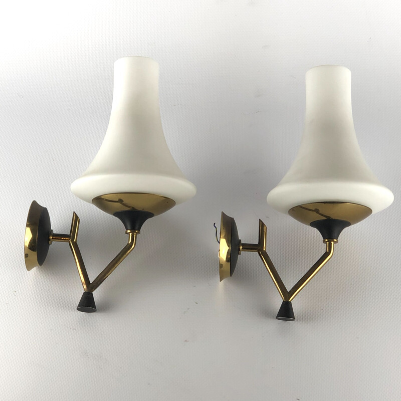 Pair of vintage brass and opaline sconces Italian 1950s