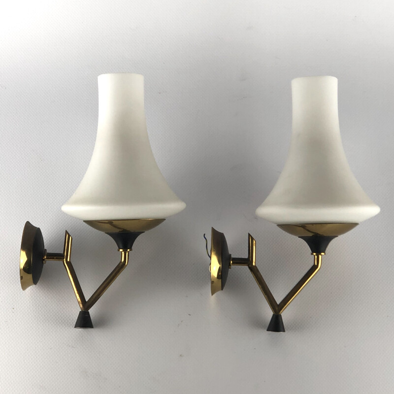 Pair of vintage brass and opaline sconces Italian 1950s