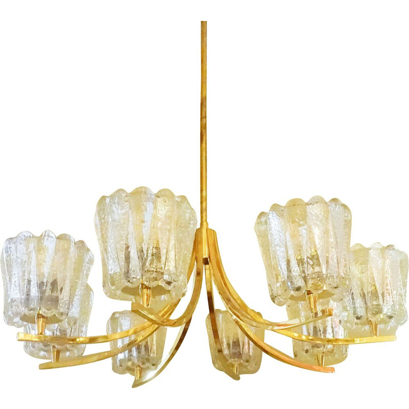 Vintage brass chandelier with 8 crystal glasses, 1950
