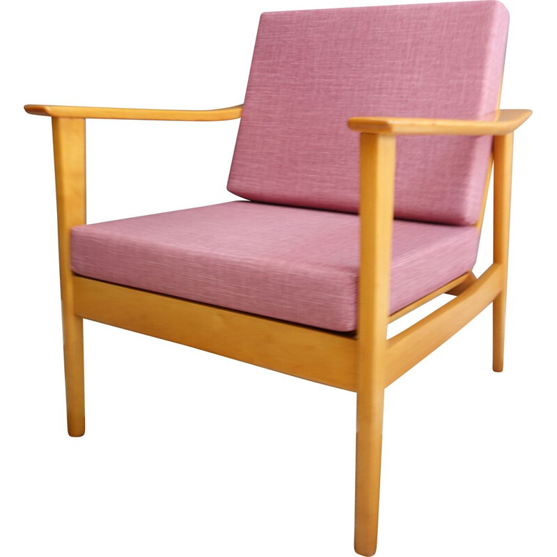 Vintage pink armchair with wooden frame 1960