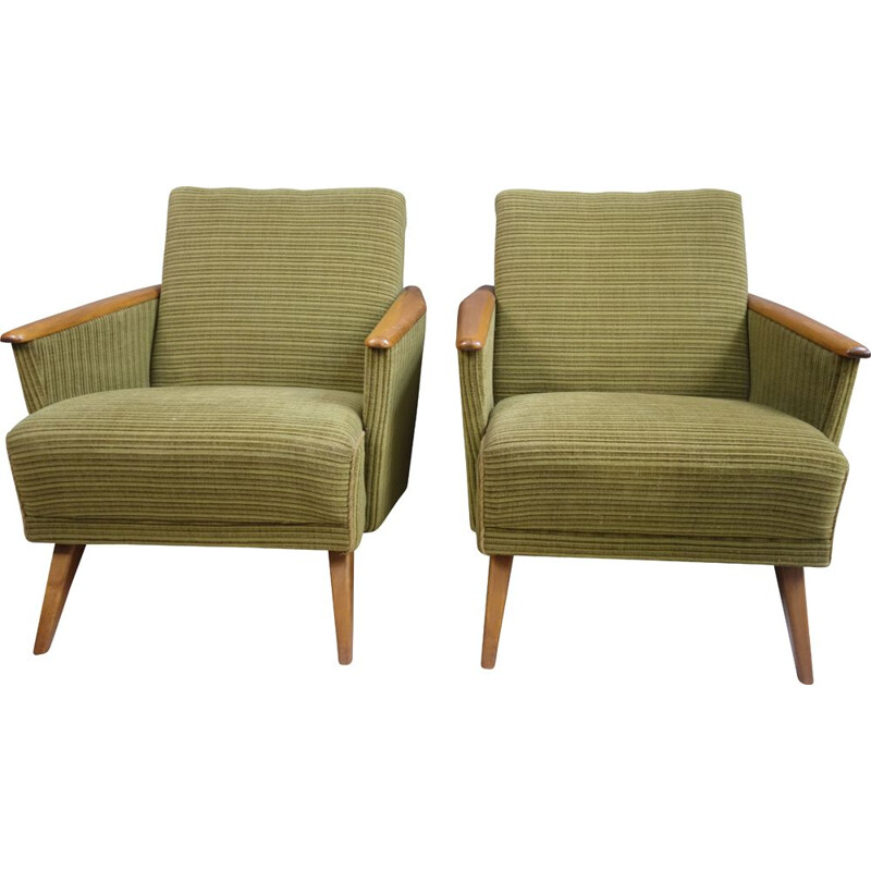 Paire de fauteuils vintage club en tissu vert 1960