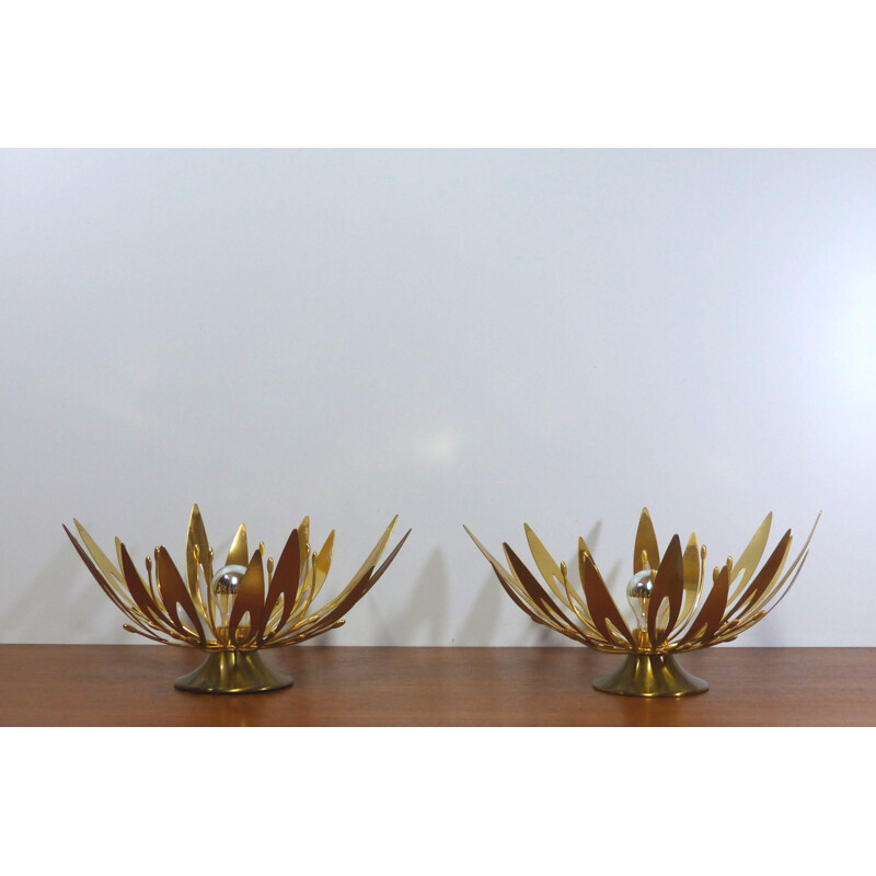 Pair of vintage gilt metal and brass flower sconces, 1970