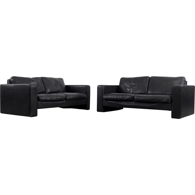 Pair of vintage Black Leather 2-Seater Conseta Sofa by F. W. Möller from Cor German 1960s