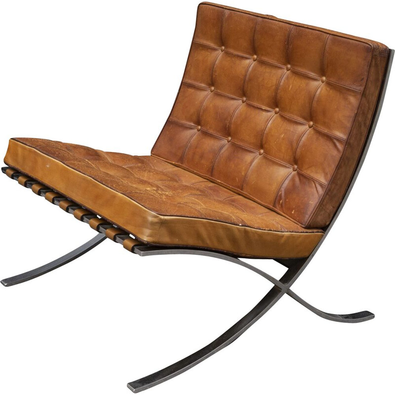 Vintage armchair Barcelona cognac by Mies van der Rohe 1948s