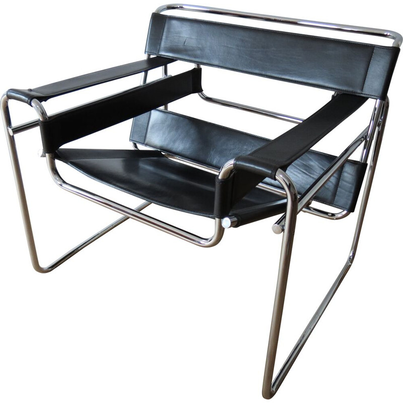 Vintage Wassily Chair Black Leather Marcel Breuer For Fasem Italy 1983s