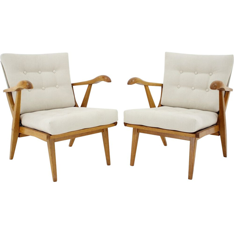 Pair of vintage Oak Armchairs Czechoslovakia 1960s