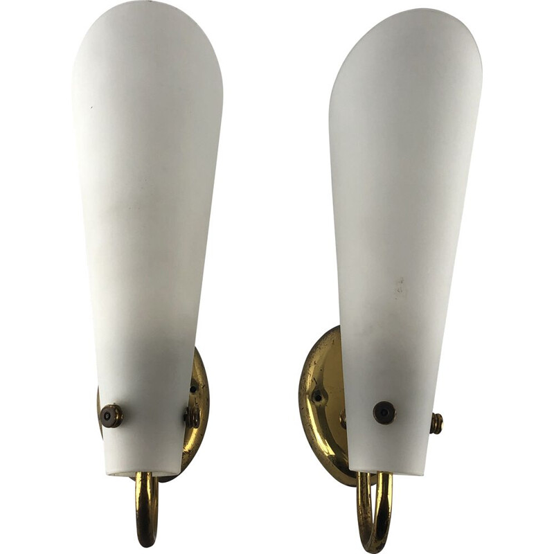 Pair of vintage brass and opaline sconces 1950s