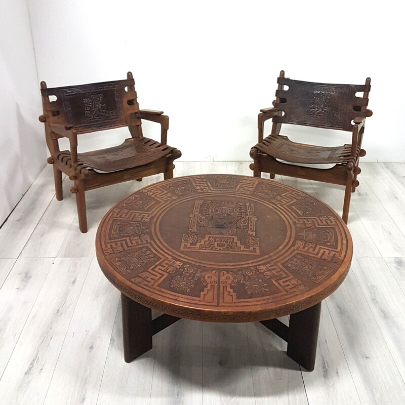 Vintage 2 brutalist chairs and matching table by Angel Pazmino for Muebles de Estilo