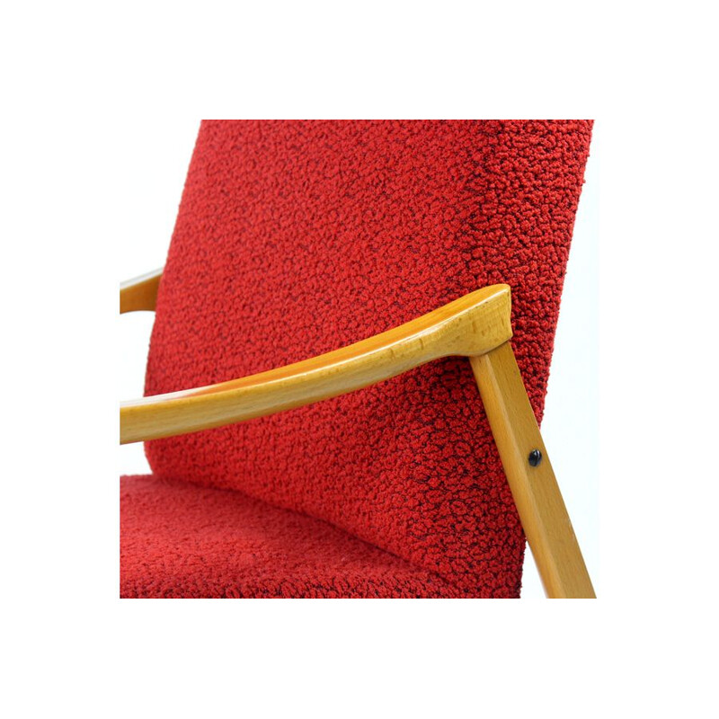 Pair of vintage armchairs in light beech and red fabric by Interier Praha, Czechoslovakia 1971