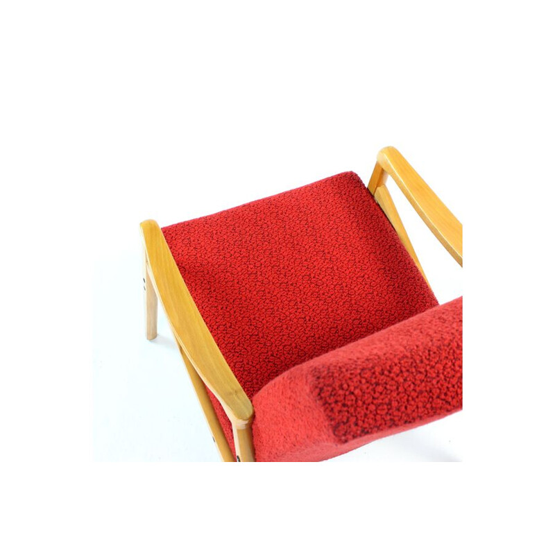 Pair of vintage armchairs in light beech and red fabric by Interier Praha, Czechoslovakia 1971