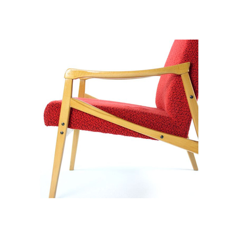 Pair of vintage armchairs in light beech and red fabric by Interier Praha, Czechoslovakia 1971