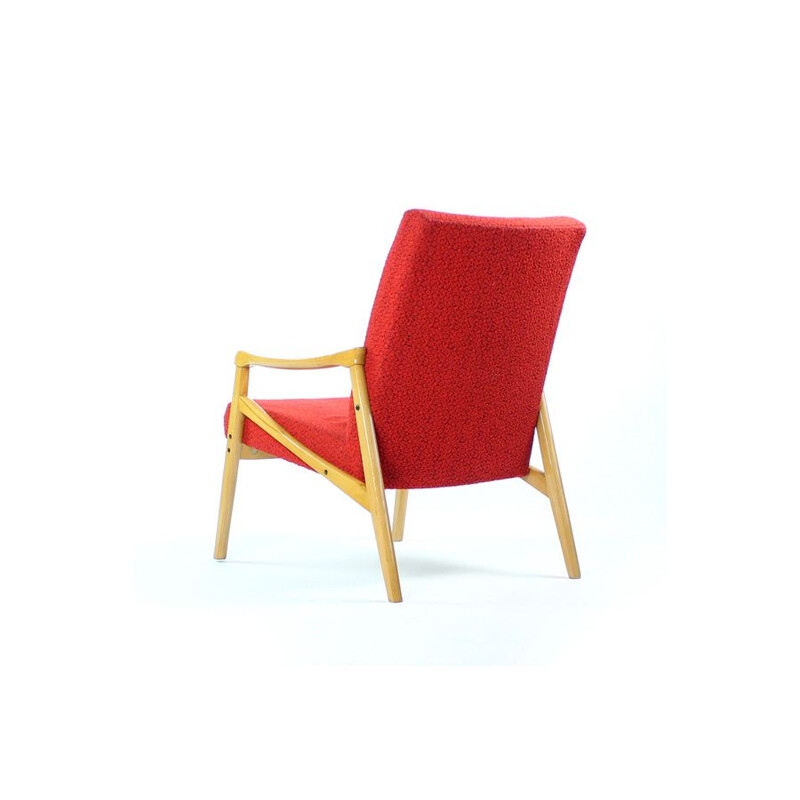 Pair of vintage armchairs in light beech and red fabric by Interier Praha, Czechoslovakia 1971