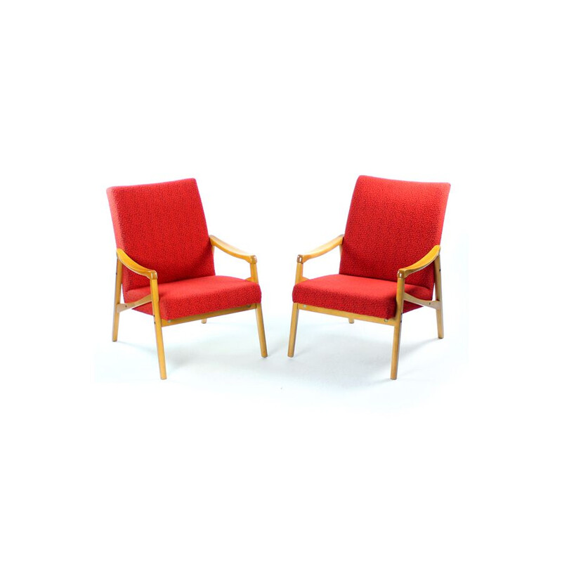 Pair of vintage armchairs in light beech and red fabric by Interier Praha, Czechoslovakia 1971
