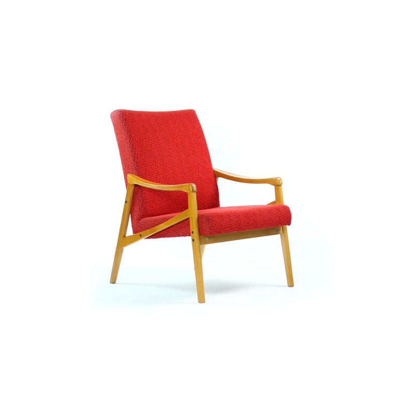 Pair of vintage armchairs in light beech and red fabric by Interier Praha, Czechoslovakia 1971
