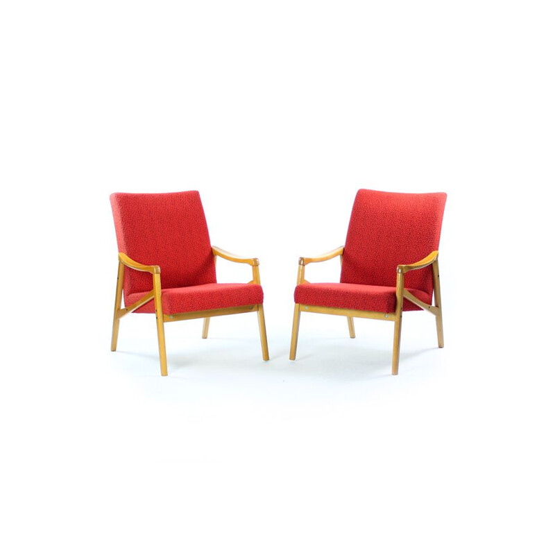 Pair of vintage armchairs in light beech and red fabric by Interier Praha, Czechoslovakia 1971