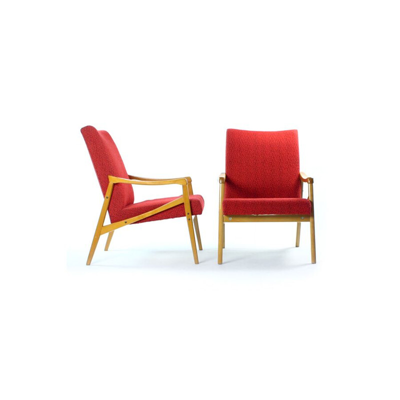 Pair of vintage armchairs in light beech and red fabric by Interier Praha, Czechoslovakia 1971