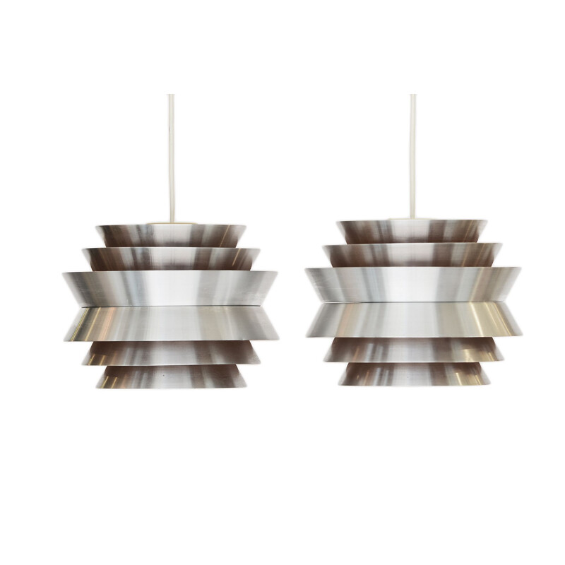 Pair of vintage Trava pendant lamps in brushed aluminium by Carl Thore for Granhaga Metallindustri, Sweden 1960