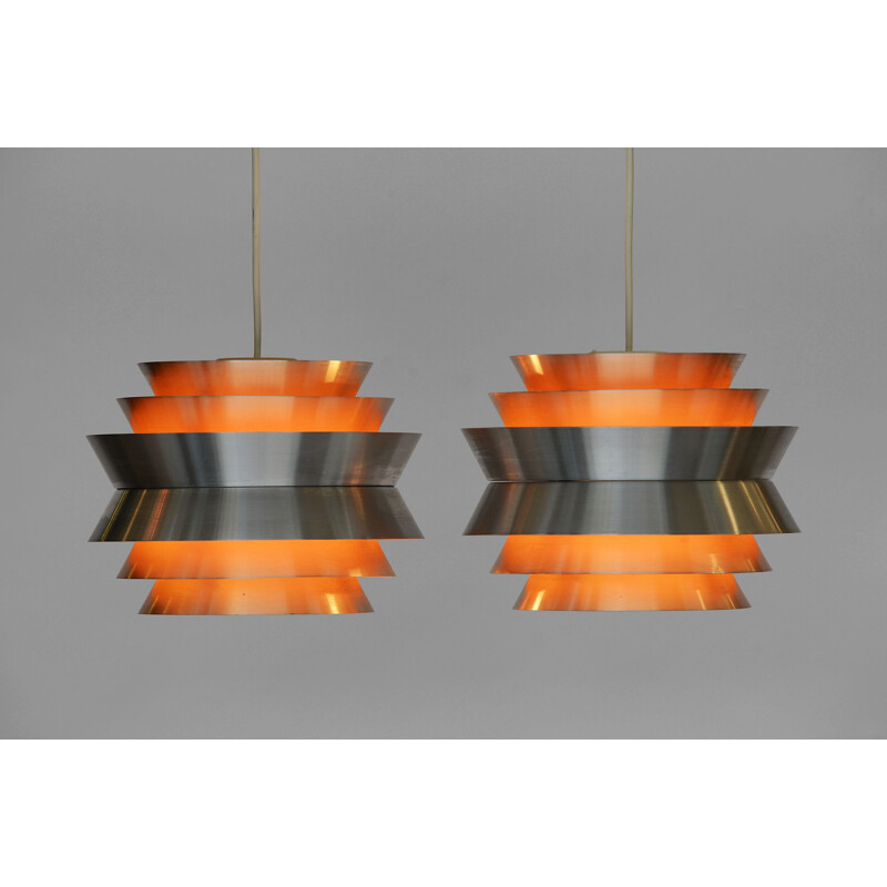 Pair of vintage Trava pendant lamps in brushed aluminium by Carl Thore for Granhaga Metallindustri, Sweden 1960