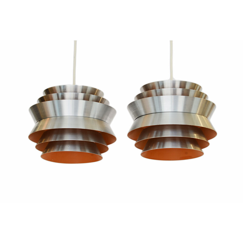 Pair of vintage Trava pendant lamps in brushed aluminium by Carl Thore for Granhaga Metallindustri, Sweden 1960