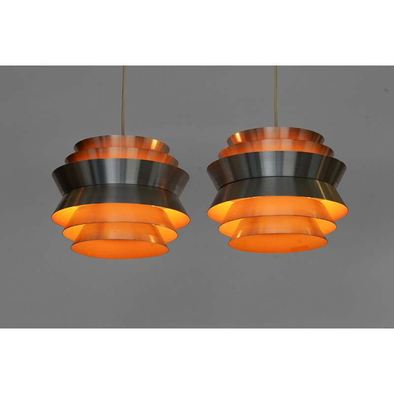 Pair of vintage Trava pendant lamps in brushed aluminium by Carl Thore for Granhaga Metallindustri, Sweden 1960