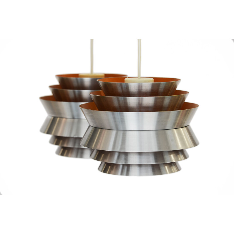 Pair of vintage Trava pendant lamps in brushed aluminium by Carl Thore for Granhaga Metallindustri, Sweden 1960