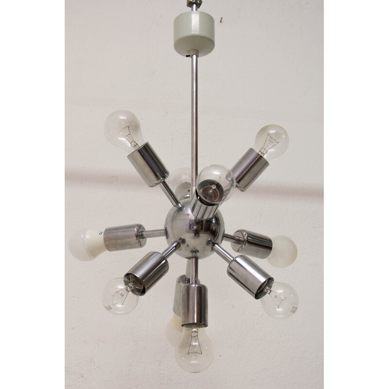 Lampadario vintage sputnik cromato a dieci bracci della ditta Drupol, Cecoslovacchia 1960