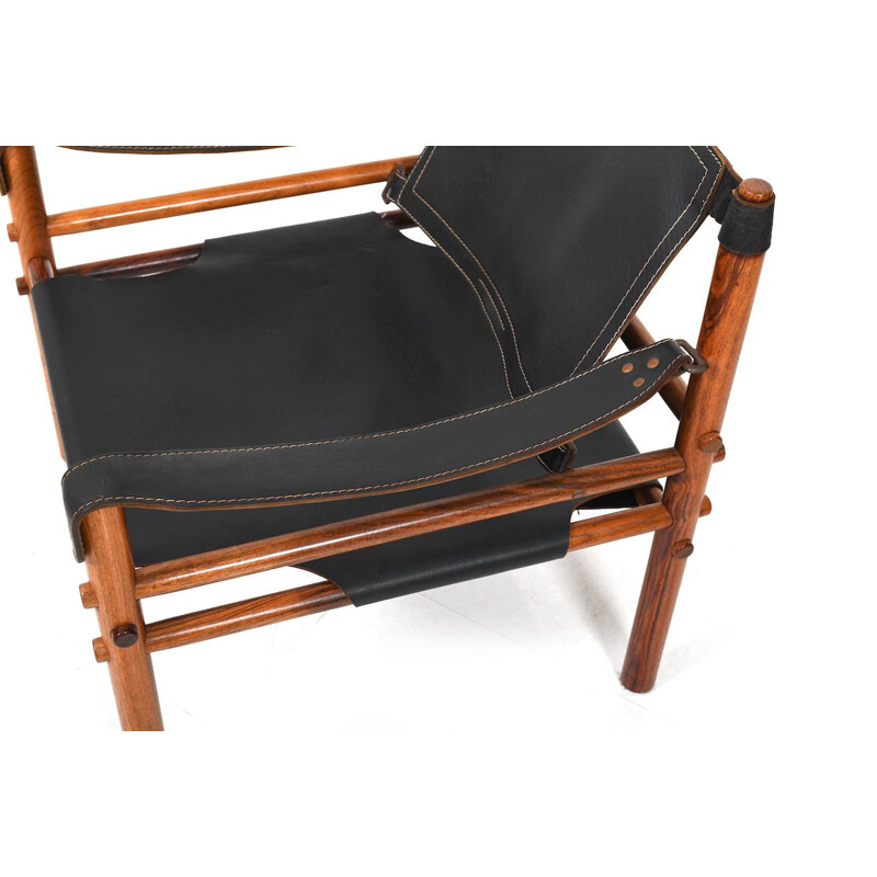 Chaise vintage de safari Sirocco en cuir noir par Arne Norell 1964