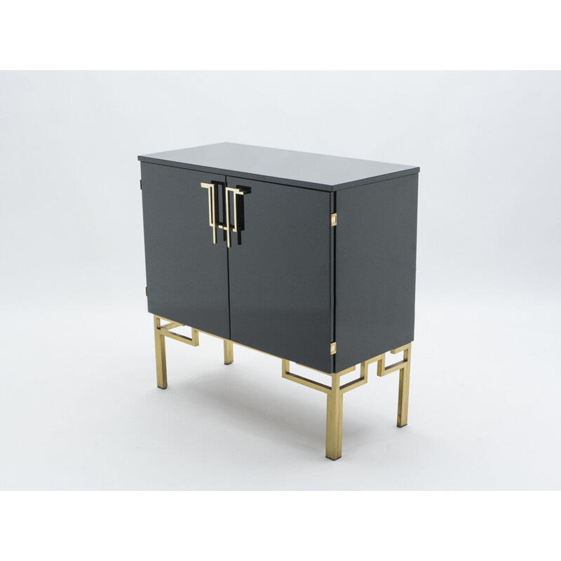 Vintage black lacquered highboard bar with brass legs by Guy Lefèvre for Maison Jansen 1970